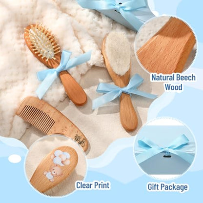 Teenyyou Baby Hair Brush Set for Newborns Wooden Baby Brush and Comb Set Soft Goat Hair Bristles with Gift Box for Cradle Cap Newborn Grooming Kit for Boys & Girls Toddlers Shower Registries Gift