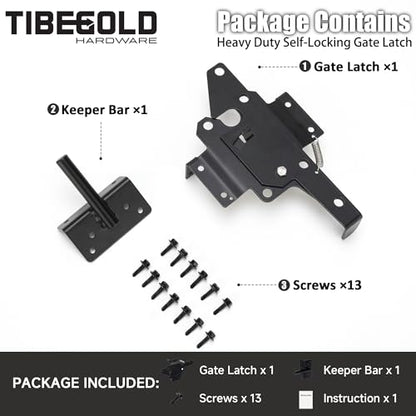 Self Locking Gate Latch for Outdoor Fence, Heavy Duty Post Mount Gravity Lever Fence Latch Hardware, Self-Closing Door Latch for Outdoor Garden, Metal Gates Vinyl Fence, Black Finish