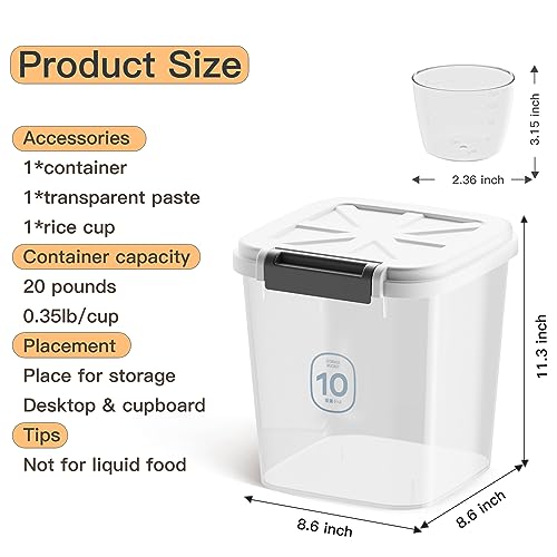 20-25 lbs Rice Container with Measuring Cup | 11Qt/11L Large Airtight Food Storage Rice Dispenser for Cereal Flour - BPA-Free PET for Kitchen Pantry Organization(25lbs)