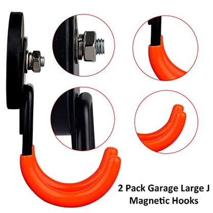 ULIBERMAGNET Garage Strong Magnetic Hooks, 2 Pack Heavy Duty Large J Hooks with Magnet, Anti-Slip Coating Magnet Hooks for Garden Tools, Ropes,Drill - style: 2.59" Strong Medium J Orange 2PC
