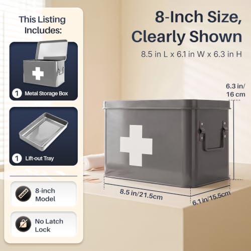 Flexzion Large Metal First Aid Box Empty, 8.5-Inch, Gray with White Cross - color: Gray, size: 8.5 Inch without Latch Lock