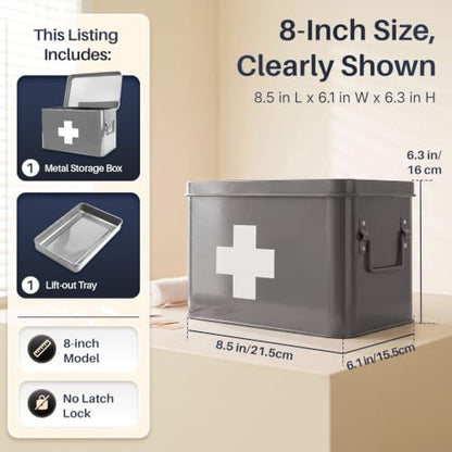 Flexzion Large Metal First Aid Box Empty, 8.5-Inch, Gray with White Cross - color: Gray, size: 8.5 Inch without Latch Lock
