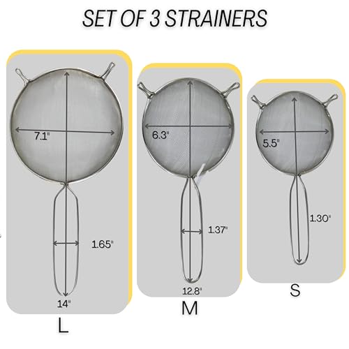Mesh Strainers - Stainless Steel Fine Mesh Strainer Set of 3 with Handle - Colander-Skimmer Sieve Sifters for Kitchen Food - 5.5", 6.3", 7.1"