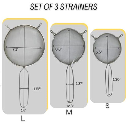 Mesh Strainers - Stainless Steel Fine Mesh Strainer Set of 3 with Handle - Colander-Skimmer Sieve Sifters for Kitchen Food - 5.5", 6.3", 7.1"