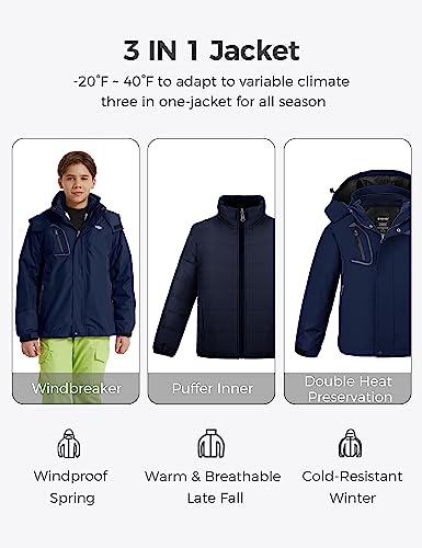 wantdo Boys' 3-in-1 Ski Jacket Fleece-Lined Winter Coat Hooded Raincoat - color: Navy, size: 8
