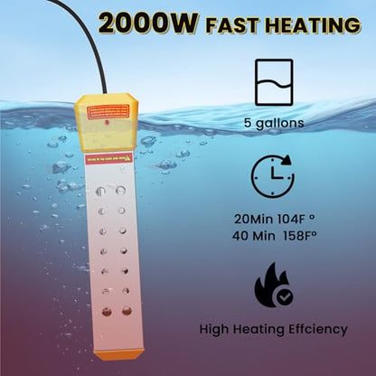 Immersion Water Heater, 2000W Portable Pool Heater with Thermostat & Auto Shut-Off, Electric Bucket Heater with Protective Cover for Inflatable/Above Ground Pools, Bathtub, Camping - Shiny Yellow - color: Shiny Yellow