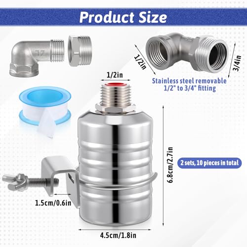 2 Packs 304 Stainless Steel Float Valve Automatic Water Level Control Float Valve 1/2" To 3/4'' Auto Shut off Water Tank Floats with Side/Top Entry for Fish Tank Swimming Pool Troughs