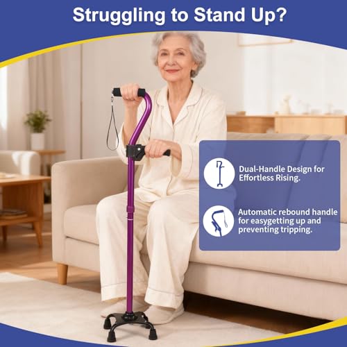 Stand Secure Cane with Stand Up Assist Handle for Elderly, 4 Prong Adjustable Walking Canes for Seniors Women and Men, Non-Slip Wide Base, Aluminum Foldable Stand Cane - color: Purple