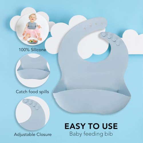 Silicone Baby Feeding Set Moon Gray Infant Tableware Collection with Bib Suction Bowl Utensils Straw Cup Snack Container - color: Moon Gray