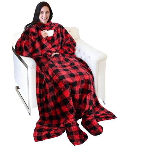 Catalonia Wearable Blanket with Sleeves & Foot Pocket for Adults - color: Red Checker, size: Fleece