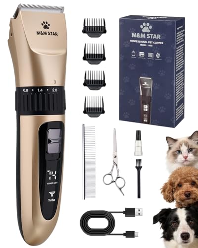 M&M STAR Dog Grooming Kit, Low Noise Dog Clippers, 2-Speed IPX7 Waterproof, Rechargeable Cordless Pet Hair Clippers Trimmer Shaver with LED Display for Dogs and Cats, Gold