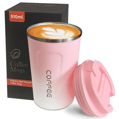 Insulated Travel Coffee Mug, Stainless Steel Coffee Cup with Leakproof Lid - color: 2nd-Pink White, size: 17 Ounces