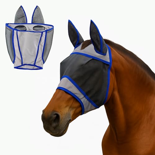 Horse Fly Mask with Ears – Breathable Mesh Fly Masks for Horses,Blue Trim, All-Day Protection(Blue，S)