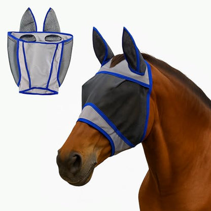 Horse Fly Mask with Ears – Breathable Mesh Fly Masks for Horses,Blue Trim, All-Day Protection(Blue，S)