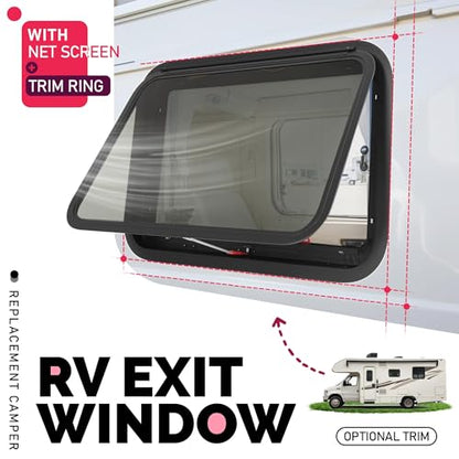 Wutist 30"W x 20"H RV Exit Window Push Out w/Screen & Trim Ring Emergency