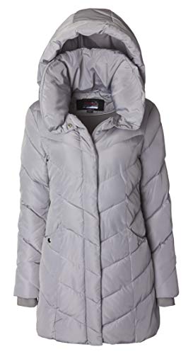 Sportoli Womens Winter Fleece Lined Chevron Quilted Puffer Jacket Coat with Hood - color: Steel Grey, size: Small