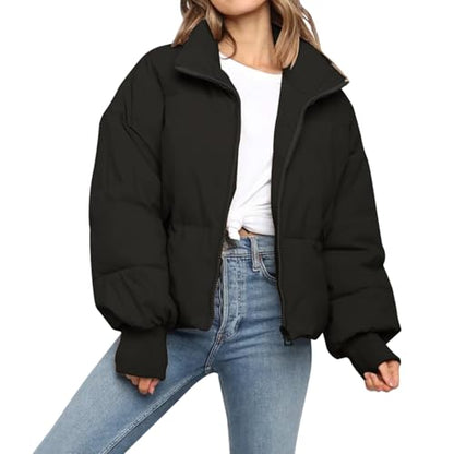 SXGYH Women’s Winter Cropped Puffer Jacket Coat Casual Quilted Baggy Long Sleeve Zip Down Jackets Outerwear - color: Black, size: XX-Large