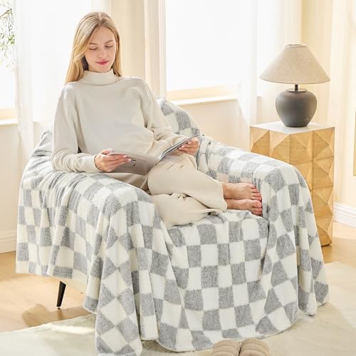 EMME Checkered Blanket Queen Size - 80"x90" Grey Knit Blanket Soft Fluffy Patterned Throw Blankets for Couch, Sofa, Chair, Bed, Camping, Picnic, Travel - color: 23-checkered Grey, size: Queen