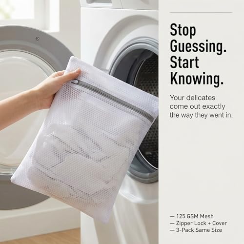 Mesh Laundry Bags for Delicates, 3 Pack, 12 x 16 Inches | Honeycomb mesh protects bras, lingerie, and underwear from snags — zippered closure stays secure throughout the wash cycle