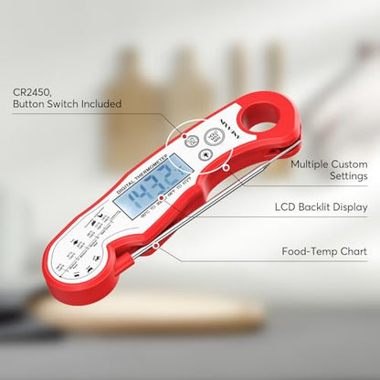 Meat Thermometer Digital - Fast Instant Read Food Thermometer for Cooking, Candy, Outside Grill, and Roast, Digital Food Thermometer with Backlight LCD & Calibration - Red/Silver - color: Red/Silver