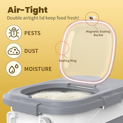 HOYTAMDAR 20-30Lbs Collapsible Rice Container,Food Storage container | Rice Storage Container with Airtight Lid,Rolling Wheels,Small Bin & Measuring Scoop,Rice Dispenser for Pet Food Rice Flour - color: Grey/20-30lbs