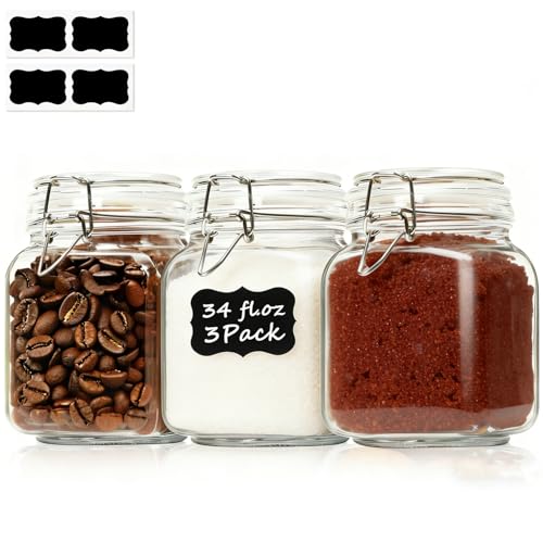 ComSaf Glass Storage Jars 34 oz 3 Pack for Flour Sugar, Coffee Canister - size: 34oz*3