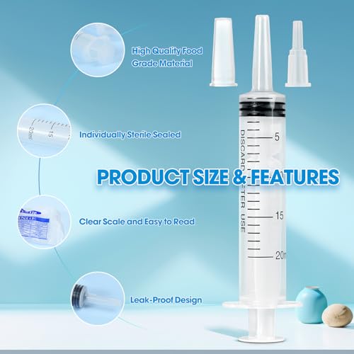 20ml Syringe for Liquid,20 Pack Large Plastic Syringes with Adapters and Cap,Individually Sealed Syringe for Feeding,Irrigation Water and Scientific Labs - size: 20ML