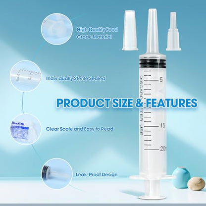 20ml Syringe for Liquid,20 Pack Large Plastic Syringes with Adapters and Cap,Individually Sealed Syringe for Feeding,Irrigation Water and Scientific Labs - size: 20ML