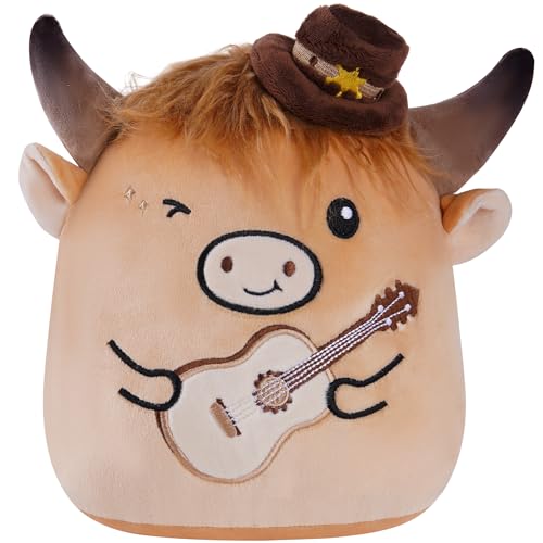 Highland Cow Stuffed Animal, 8 Inch Cute Country Cow Plush Toy with Guitar and Cowboy Hat, Soft Kawaii Plushie Pillow Gifts for Kids Boys Girls, Farm Animal Decor for Christmas Birthday Holiday - style: Country Cow