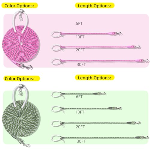 Lightweight Nylon Training Leash 30FTx1/4in Pink with Comfortable Silicone Handle Highly Reflective No Tangle for Dogs Cats Outside Walking Camping Backyard.
