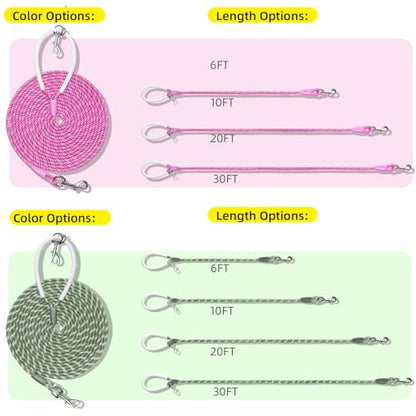 Lightweight Nylon Training Leash 30FTx1/4in Pink with Comfortable Silicone Handle Highly Reflective No Tangle for Dogs Cats Outside Walking Camping Backyard.