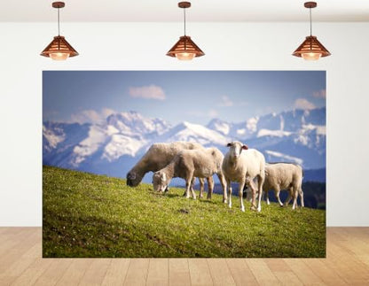 5x3ft Fabric Snow Peak Sheep Meadow Backdrop White Wool Sheep Green Hillside Bright Cloudy Sky Background Tapestry Party Alpine Grassland Decorations Photo Booth Props - size: 5x3ft