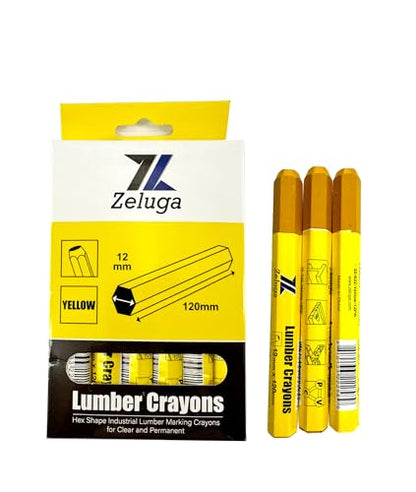 Zeluga 4.7in. x 0.47in. Hex Shape Industrial Lumber Marking Crayons for Clear and Permanent Markings, Yellow 12 Pack