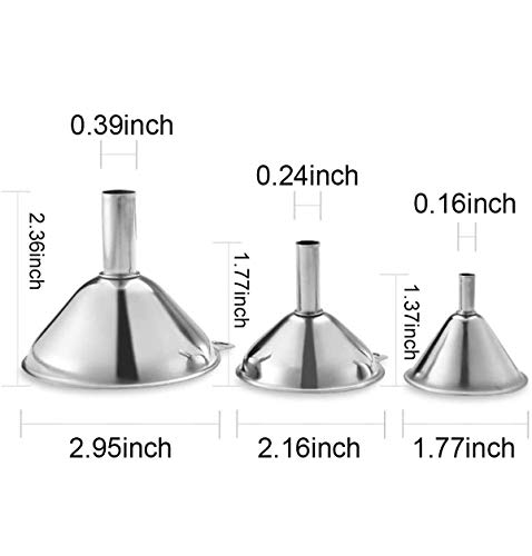Metal Stainless Steel Funnel, Large Medium Small Funnel Set of 3, Food Grade Mini Kitchen Funnels for Transferring Essential Oils, Liquid, Fluid, Small Funnels for Filling Bottles Flask Cooking - size: 3 Pack Mini (2.36" + 1.77" + 1.37")
