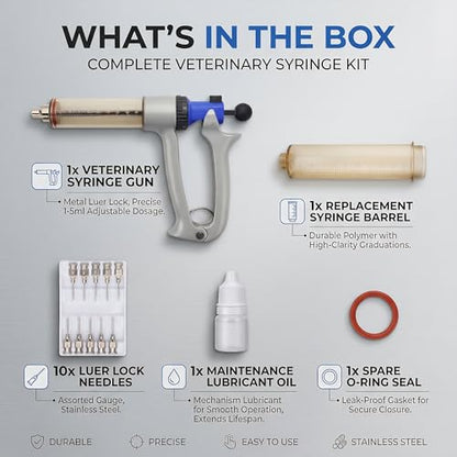 Danbark 50ml Semi-Automatic Livestock Syringe Kit, Metal Adjustable Dose Repeater,UV Resistant Barrel, Ergonomic Grip Handle, for Cattle and Goats