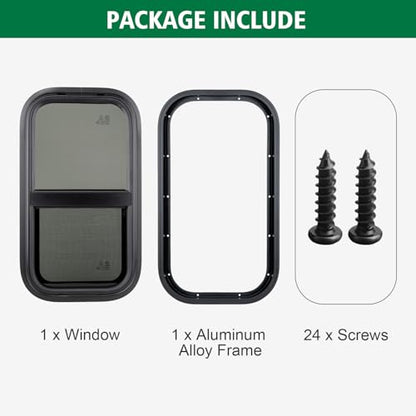 Dulepax Vertical RV Window, 12" W x 22" H Tinted Slide Trailer Window, Tempered Glass Camper Window Replacement with Net Screen and Trim Ring, DOT Approved - size: Vertical 12"x22"