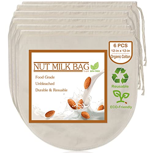 6 PCS 12"x12" Nut Milk Bags - 100% Unbleached Cotton Cheesecloth, Reusable Food Strainer Colander For Straining Almond/Oat Milk, Celery Juice, Cold Brew Coffee, Yogurt and Cheese Making - color: 6 pack