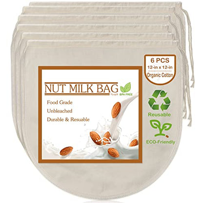6 PCS 12"x12" Nut Milk Bags - 100% Unbleached Cotton Cheesecloth, Reusable Food Strainer Colander For Straining Almond/Oat Milk, Celery Juice, Cold Brew Coffee, Yogurt and Cheese Making - color: 6 pack