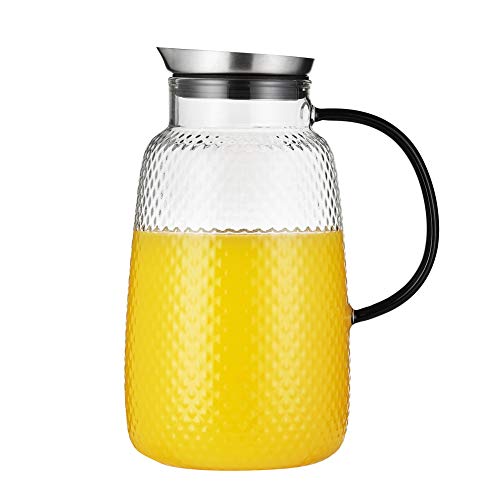 Purefold Pitcher with Lid, Glass Jug with Stainless Steel Lid for Hot and Cold Water, Fruit Tea, Coffee Maker, Ice Tea, Juice, Pineapple Series (Clear, 80 oz) | Fruit tea, coffee, iced tea, juice jug. Leakproof, dishwasher safe. BPA free Pineapple Series