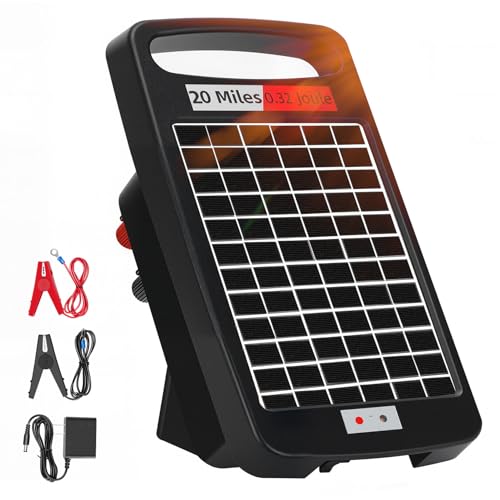 20 Miles Solar Powered Electric Fence Charger, 0.32J for Gardens, Livestock | Solar/AC Dual Power, 24/7 Protection Energizer, Portable Solar Panel,10.2kV Output, Rainproof, Easy Setup, Safe for Livestock - size: 20M 0.32J