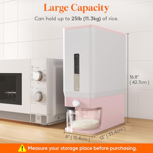 Lifewit Rice Dispenser 25 Lbs, Airtight Storage with Measuring Cup, Pink - color: Pink
