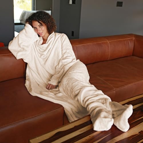 Catalonia Wearable Blanket with Sleeves & Foot Pocket for Adults - color: Latte, size: Fleece
