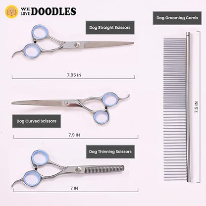 Dog Grooming Scissors Kit, Curved, Straight & Thinning Shears Set, Silver - size: Long