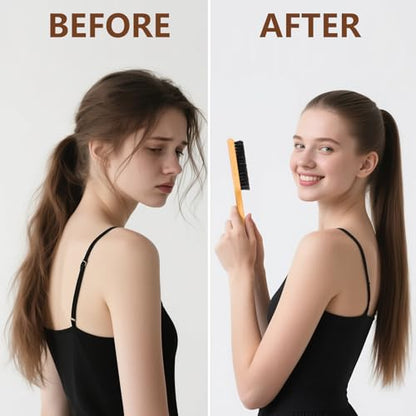 SWEET VIEW Boar Bristle Slick Back Hair Brush | Smooth Flyaways, Frizz, Sleek Ponytail, Buns and Edge Baby Hair, Gel Comb Styling Accessories for Girls, Kids and Women - color: Wood Color
