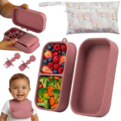 Baby Travel Feeding Set with Silicone Suction Plates, Dark Pink Small - color: Dark Pink