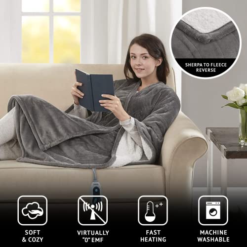 Beautyrest Wearable Electric Poncho Wrap Blanket, Ultra Soft Sherpa & Berber Fleece Heated Throw with Low EMF,UL Certified & OEKO-TEX,3 Heat Settings & 2 Hour Auto Shutoff, Gift-Ready, 50" x 64",Grey - color: Grey, size: 50 in x 64 in