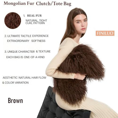 Women Luxury Real Curly Mongolian Lamb Fur Purse - color: Brown