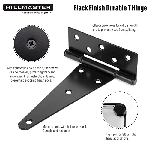 HILLMASTER 10 Inch T-Strap Heavy Duty Shed Door Hinges Gate Strap Hinges Black Tee Hinge Wrought Hardware for Wooden Fences,Yard,Barn Door,Rustproof (2 Pack) - size: 10in 2Pack