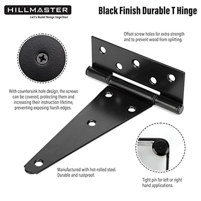 HILLMASTER 10 Inch T-Strap Heavy Duty Shed Door Hinges Gate Strap Hinges Black Tee Hinge Wrought Hardware for Wooden Fences,Yard,Barn Door,Rustproof (2 Pack) - size: 10in 2Pack