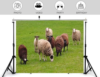 17x10ft Fabric Herd Sheep Green Meadow Backdrop Mixed Wool Sheep Lush Fresh Grass Pasture Bright Overcast Sky Photography Background Tapestry Farm Animal Decorations Photo Booth Props - size: 17x10ft
